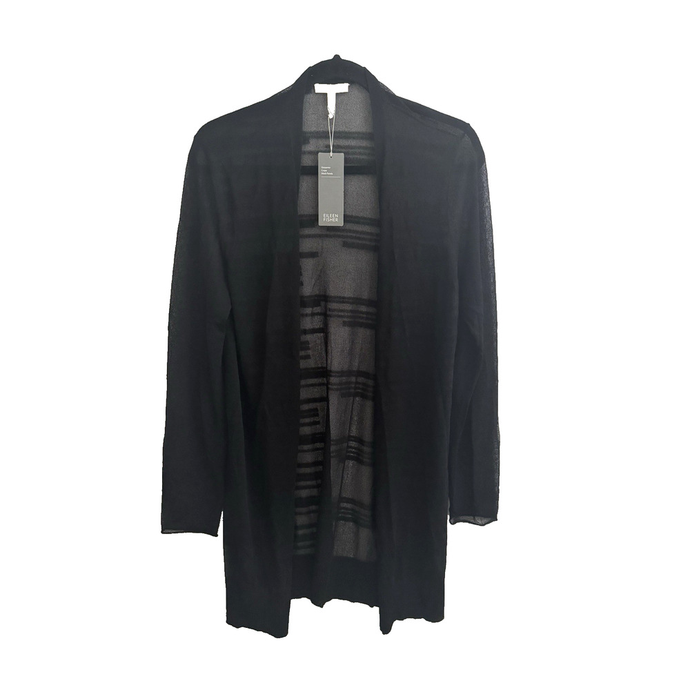 Eileen Fisher Cardigan M Straight Long Black Sheer Gossamer Crepe Viscose - NWT